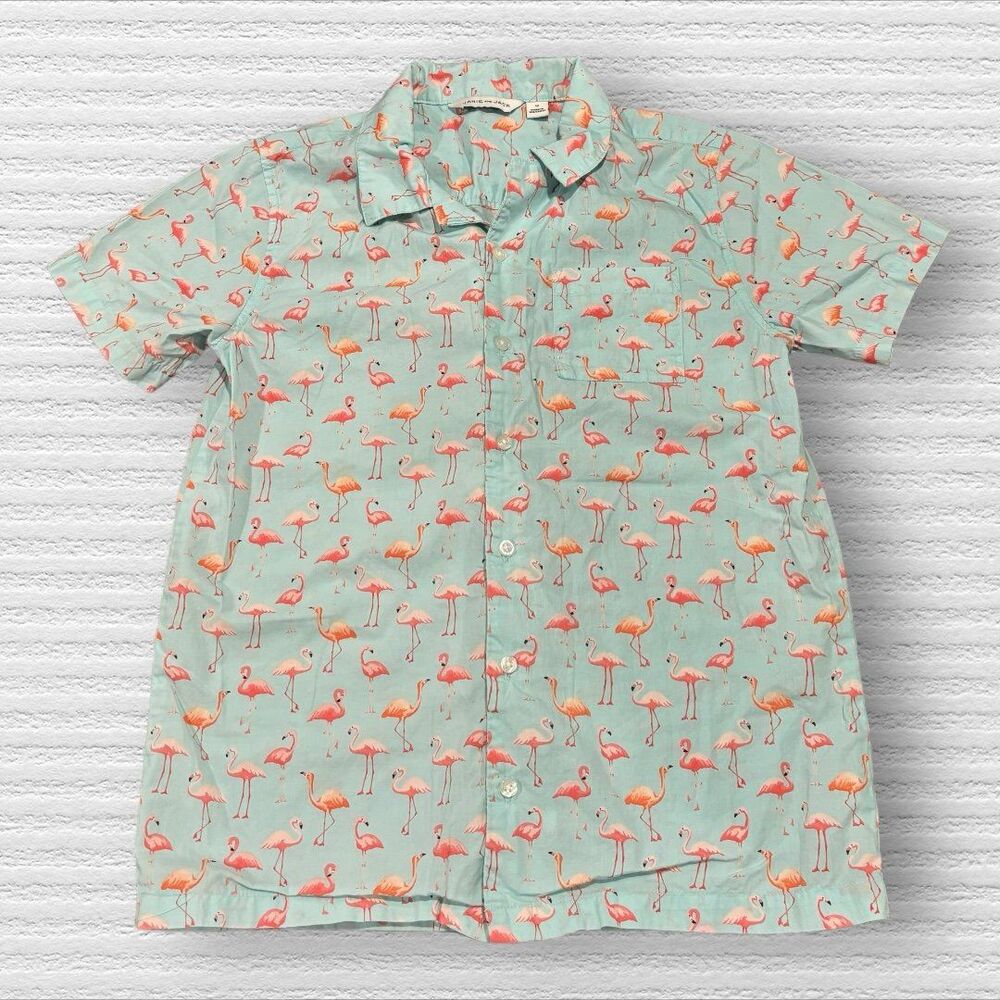 Janie & Jack Size 12 Button Up Summer FLAMINGO POPLIN SHIRT Blue Pink Vacation